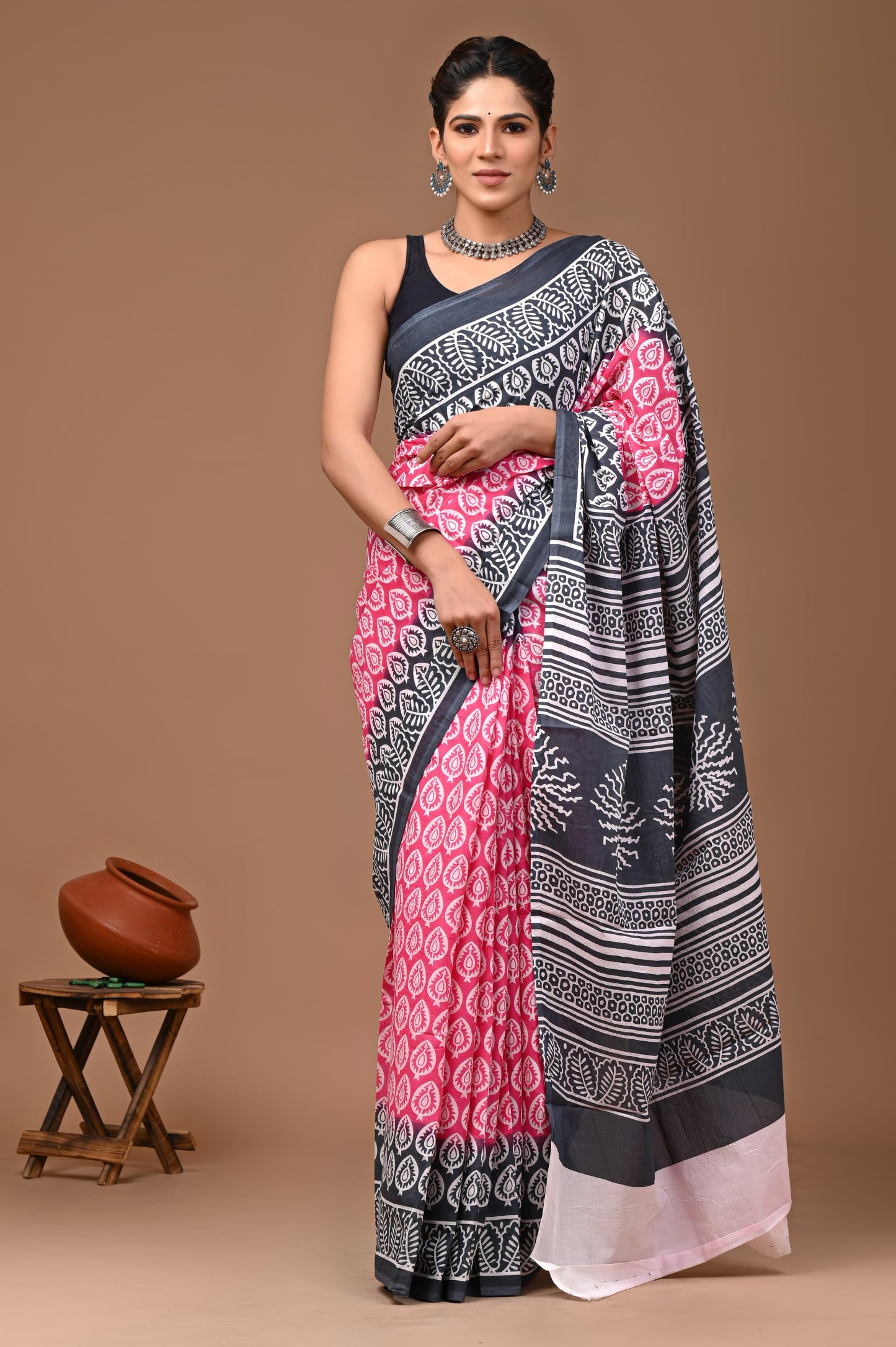 Printed Mulmul Cotton Saree With Pom Pom Lace