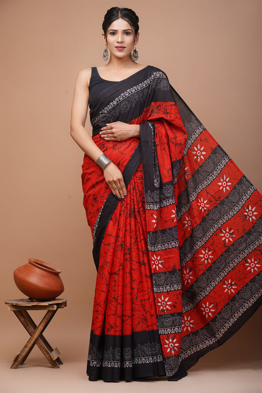 Printed Mulmul Cotton Saree With Pom Pom Lace