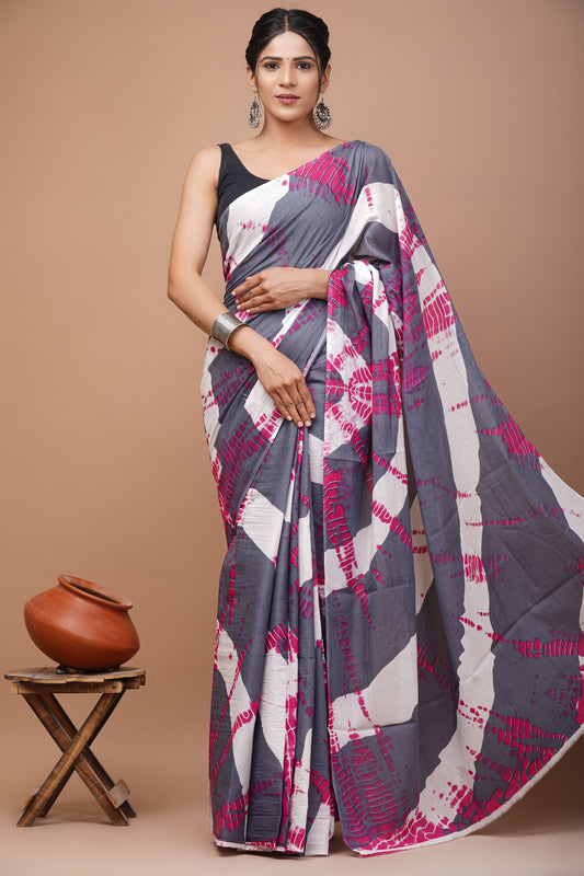 Printed Mulmul Cotton Saree With Pom Pom Lace