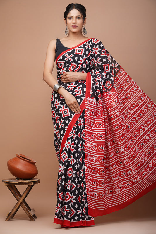 Printed Mulmul Cotton Saree With Pom Pom Lace