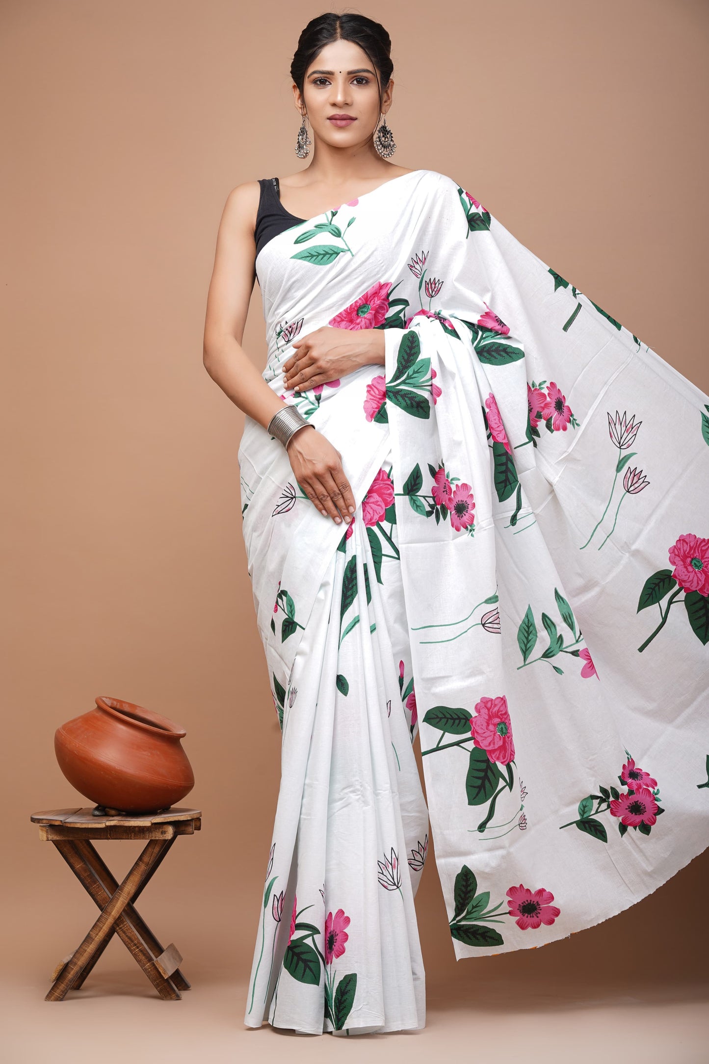 Printed Mulmul Cotton Saree With Pom Pom Lace