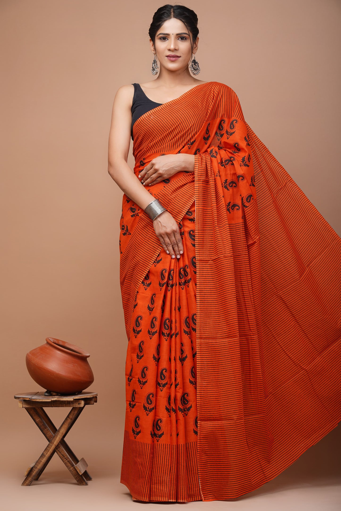 Printed Mulmul Cotton Saree With Pom Pom Lace