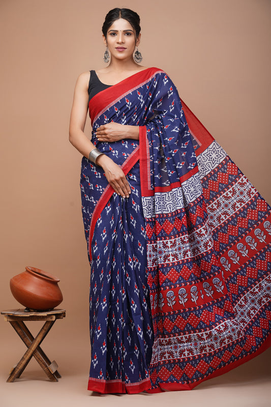 Printed Mulmul Cotton Saree With Pom Pom Lace