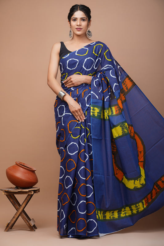 Printed Mulmul Cotton Saree With Pom Pom Lace