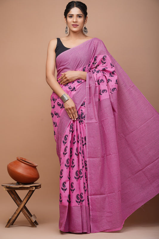 Printed Mulmul Cotton Saree With Pom Pom Lace