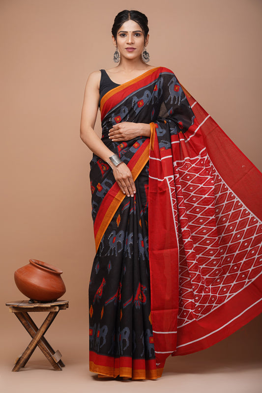 Printed Mulmul Cotton Saree With Pom Pom Lace