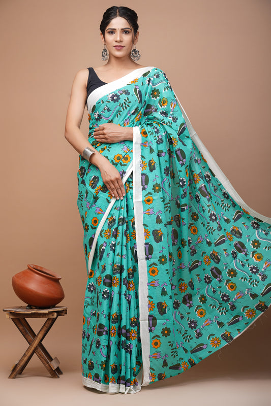 Printed Mulmul Cotton Saree With Pom Pom Lace