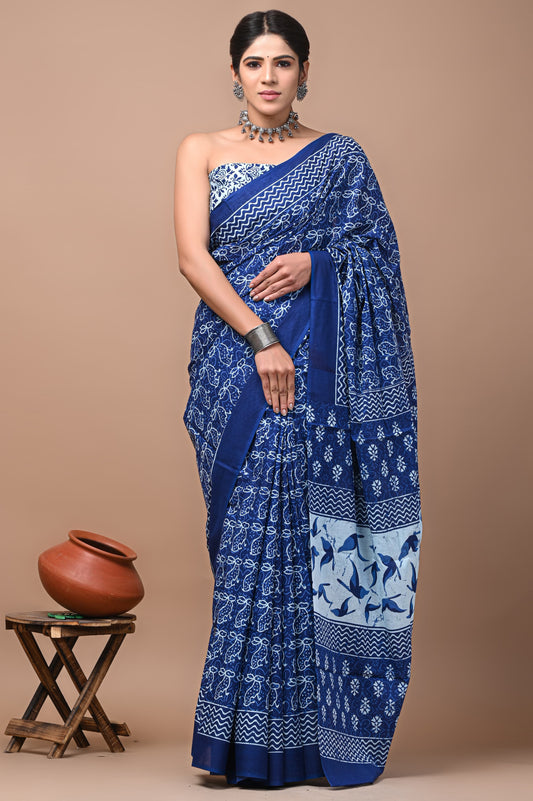 Printed Mulmul Cotton Saree With Pom Pom Lace