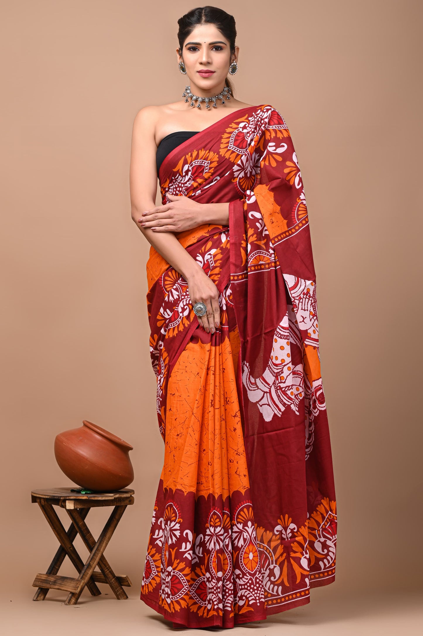 Printed Mulmul Cotton Saree With Pom Pom Lace