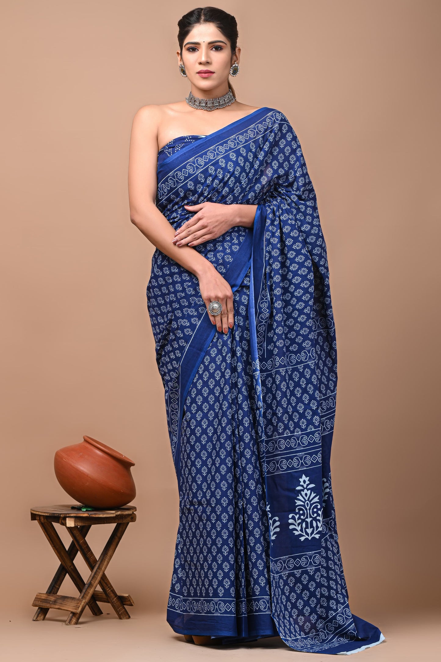 Printed Mulmul Cotton Saree With Pom Pom Lace