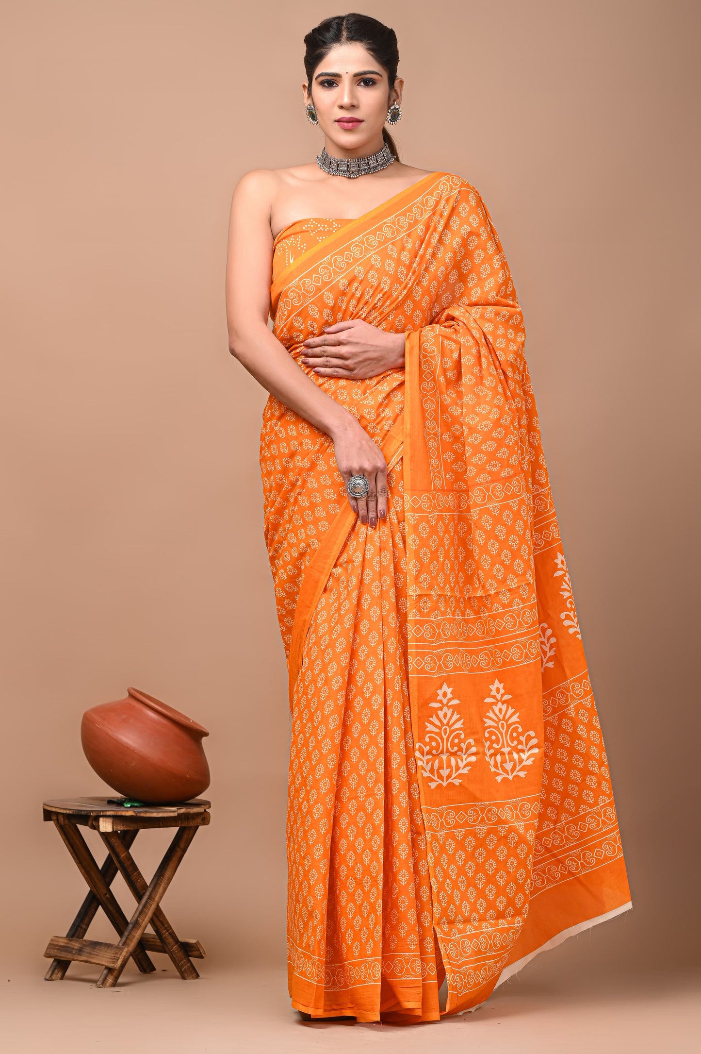 Printed Mulmul Cotton Saree With Pom Pom Lace