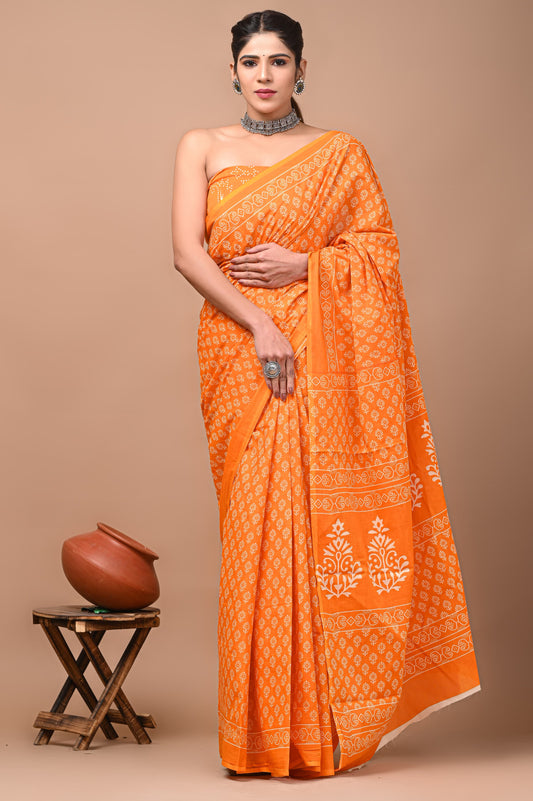 Printed Mulmul Cotton Saree With Pom Pom Lace