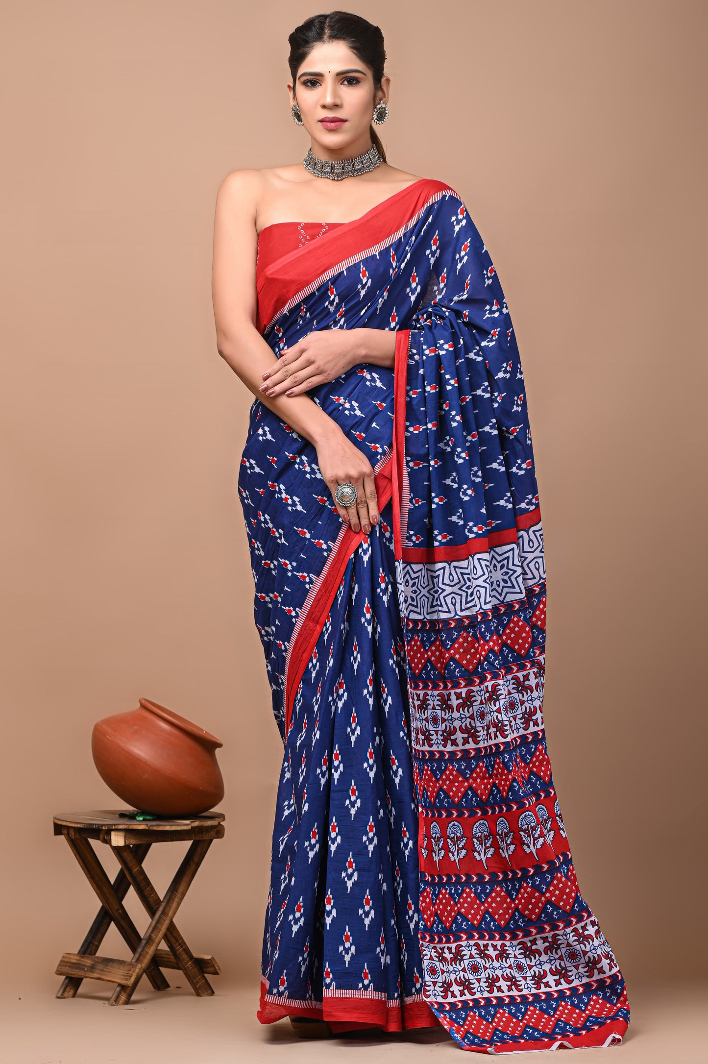 Printed Mulmul Cotton Saree With Pom Pom Lace