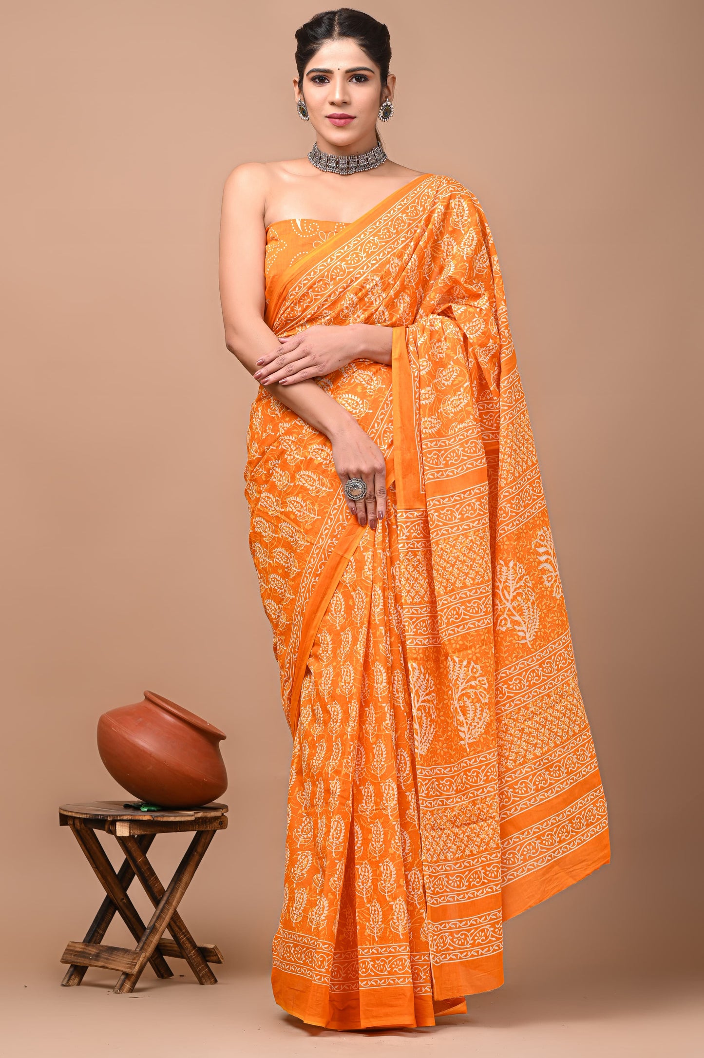 Printed Mulmul Cotton Saree With Pom Pom Lace