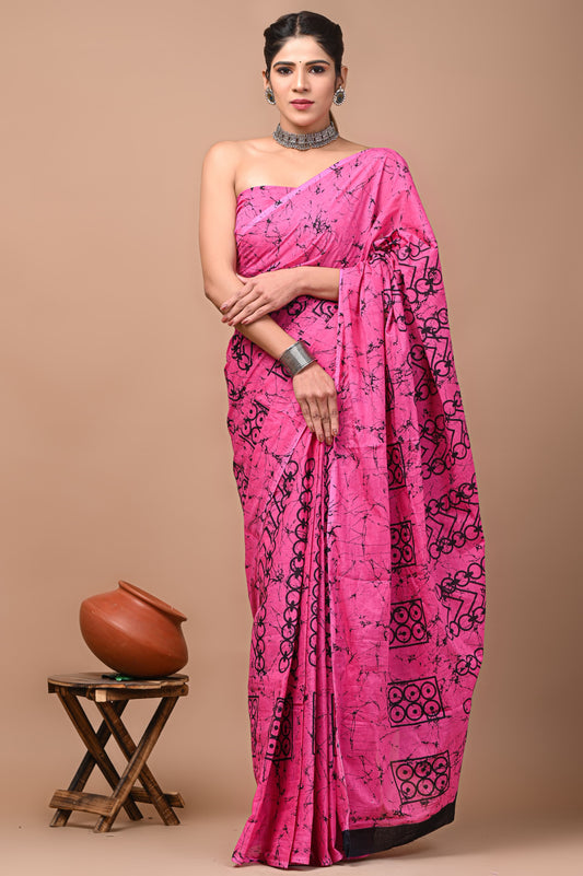 Printed Mulmul Cotton Saree With Pom Pom Lace