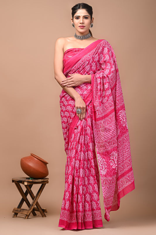 Printed Mulmul Cotton Saree With Pom Pom Lace