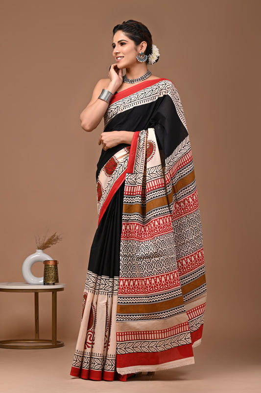 Printed Mulmul Cotton Saree With Pom Pom Lace