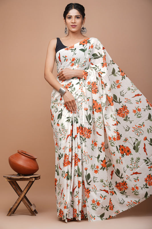 Printed Mulmul Cotton Saree With Pom Pom Lace