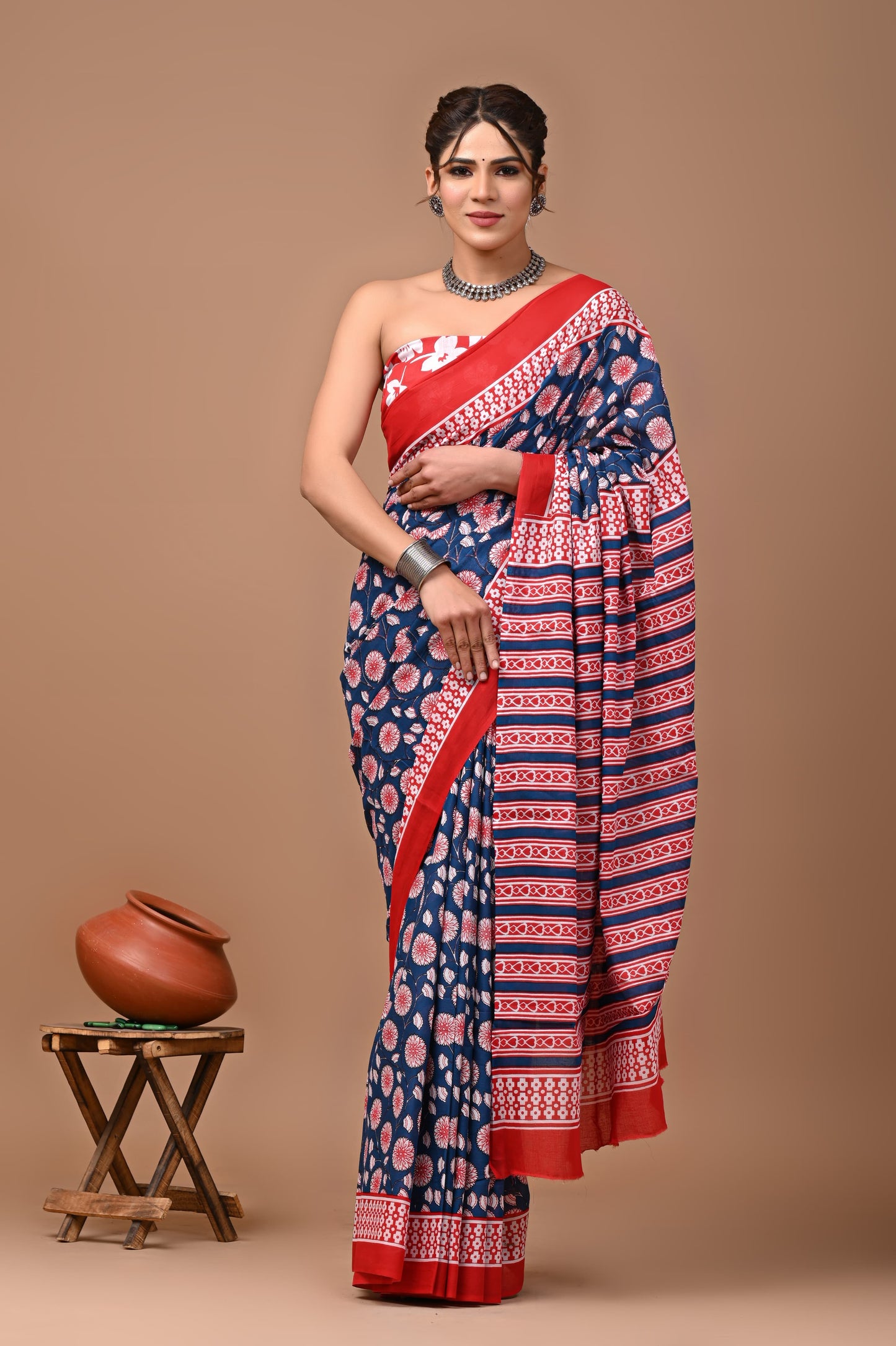 Printed Mulmul Cotton Saree With Pom Pom Lace