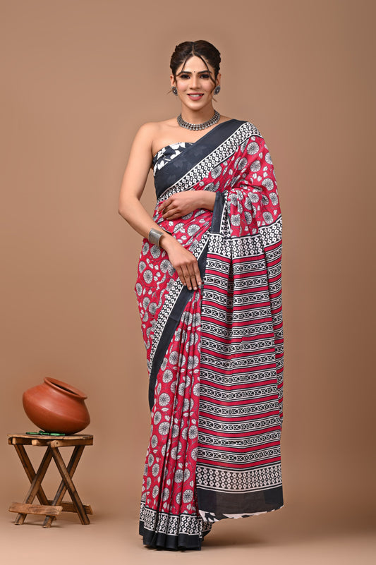 Printed Mulmul Cotton Saree With Pom Pom Lace