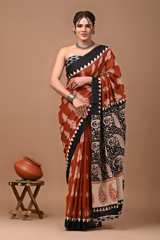 Printed Mulmul Cotton Saree With Pom Pom Lace