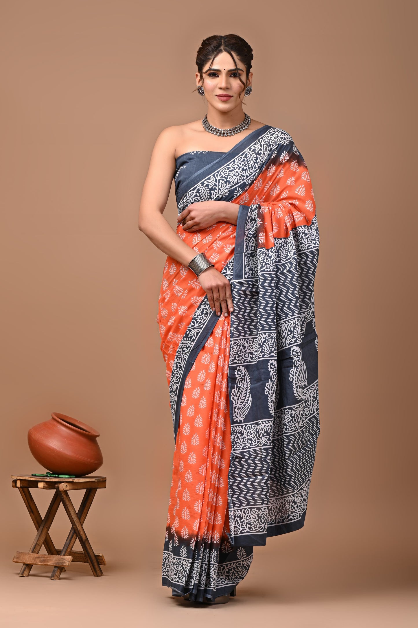 Printed Mulmul Cotton Saree With Pom Pom Lace