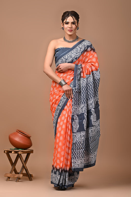 Printed Mulmul Cotton Saree With Pom Pom Lace