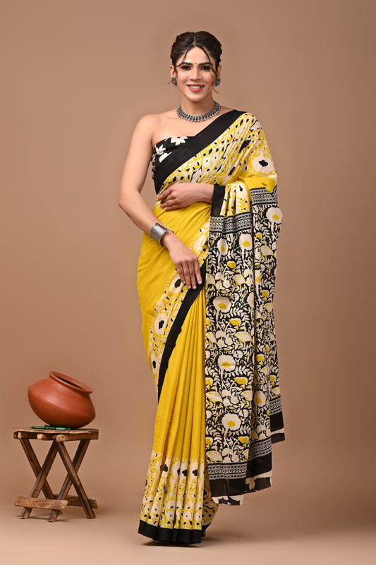 Printed Mulmul Cotton Saree With Pom Pom Lace