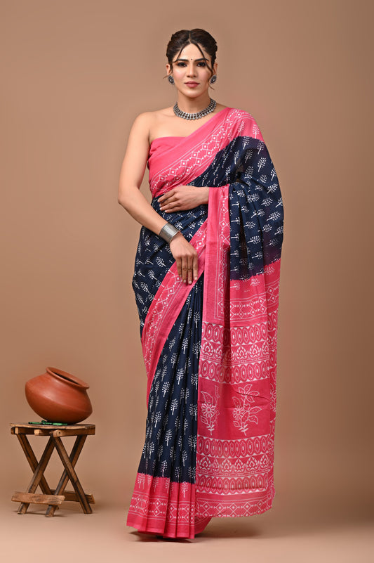 Printed Mulmul Cotton Saree With Pom Pom Lace