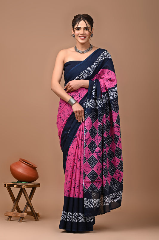 Printed Mulmul Cotton Saree With Pom Pom Lace