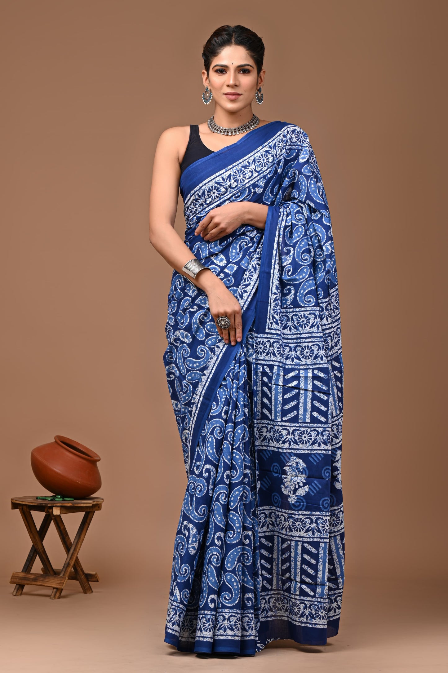 Printed Mulmul Cotton Saree With Pom Pom Lace