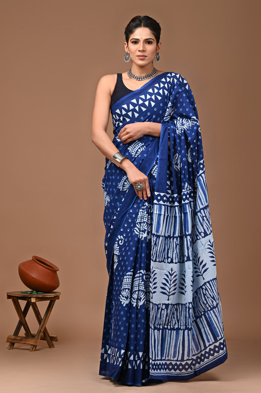 Printed Mulmul Cotton Saree With Pom Pom Lace