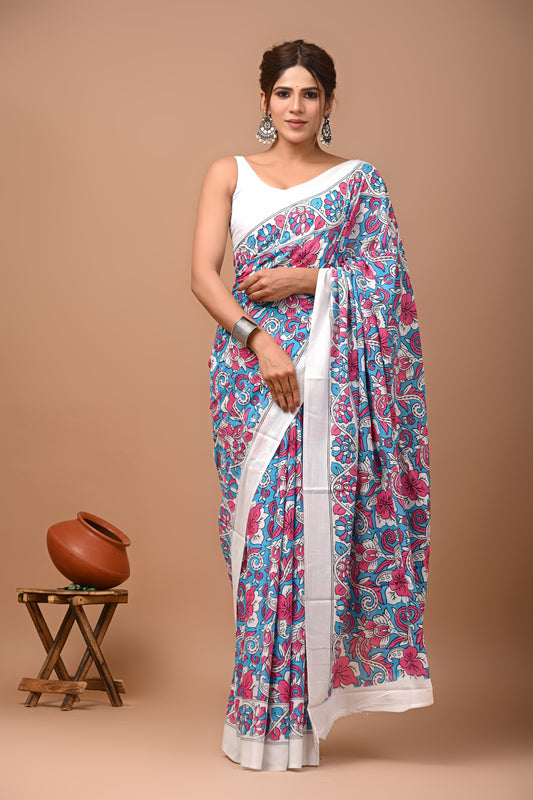 Printed Mulmul Cotton Saree With Pom Pom Lace