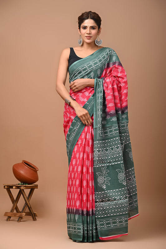 Printed Mulmul Cotton Saree With Pom Pom Lace