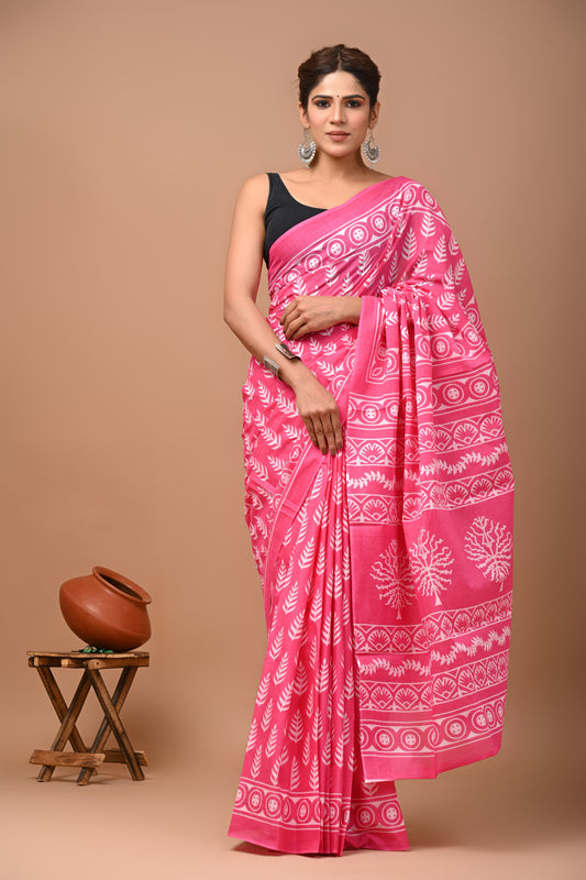 Printed Mulmul Cotton Saree With Pom Pom Lace