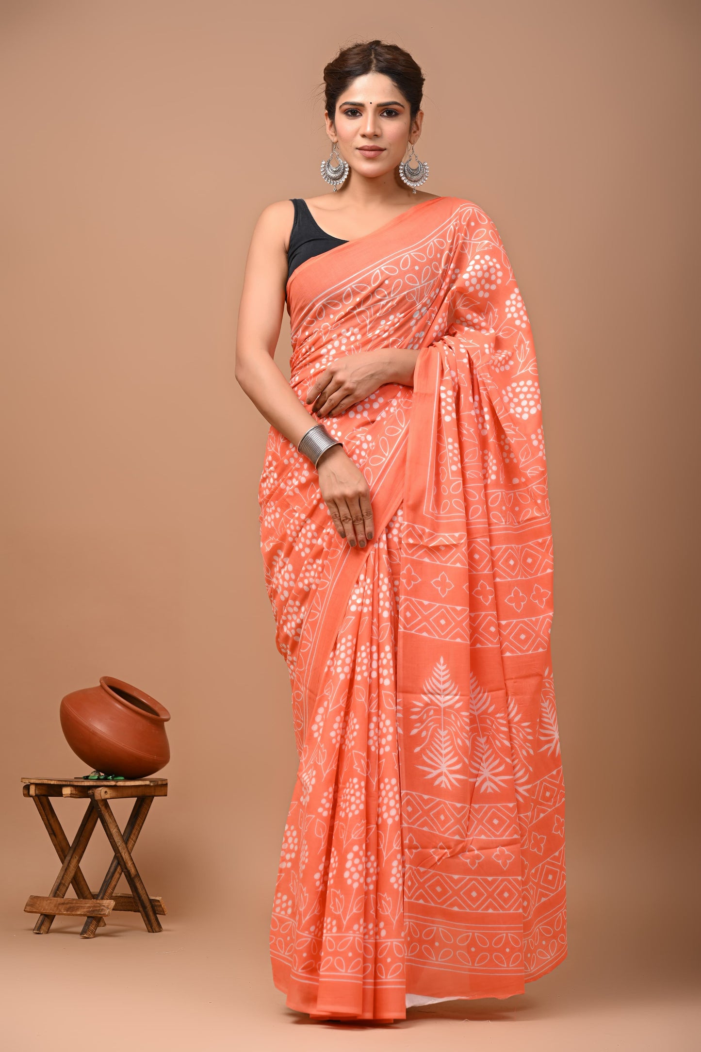 Printed Mulmul Cotton Saree With Pom Pom Lace