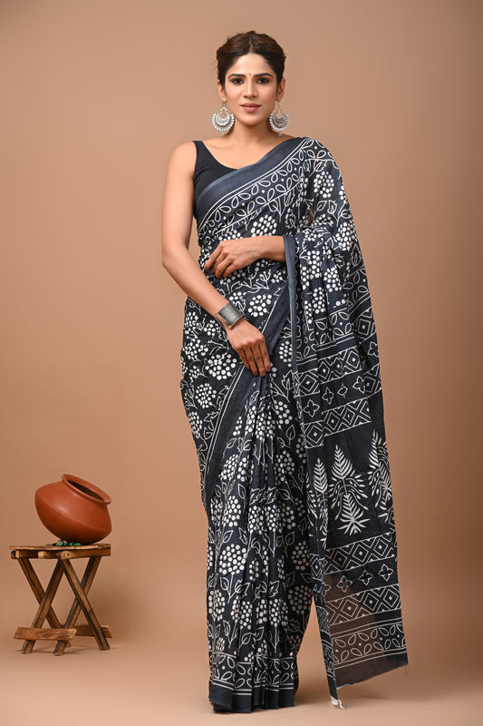 Printed Mulmul Cotton Saree With Pom Pom Lace