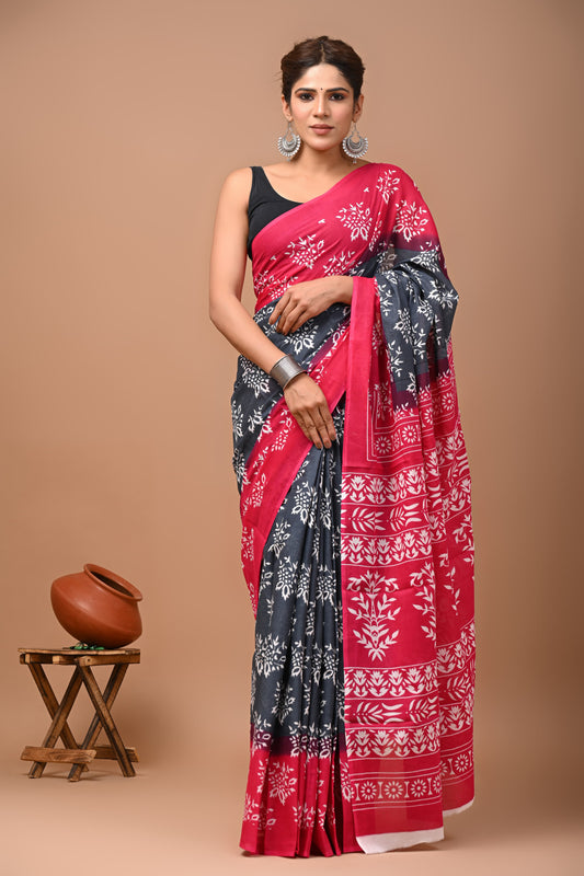 Printed Mulmul Cotton Saree With Pom Pom Lace