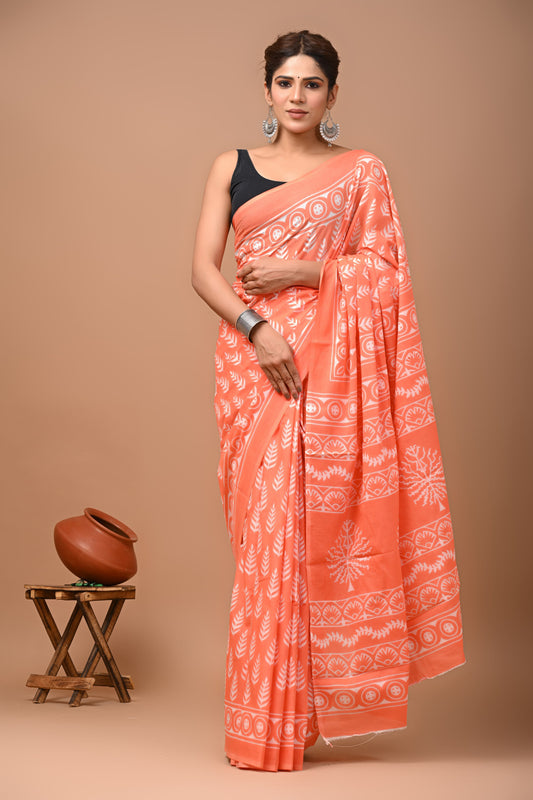 Printed Mulmul Cotton Saree With Pom Pom Lace