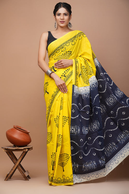 Printed Mulmul Cotton Saree With Pom Pom Lace