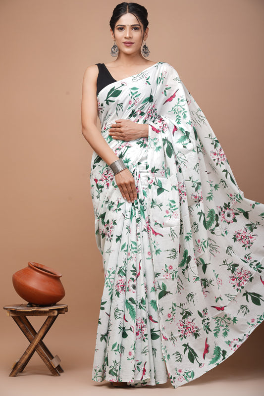 Printed Mulmul Cotton Saree With Pom Pom Lace