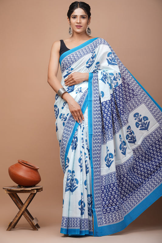 Printed Mulmul Cotton Saree With Pom Pom Lace