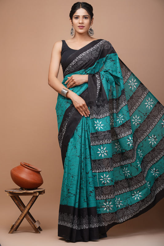 Printed Mulmul Cotton Saree With Pom Pom Lace