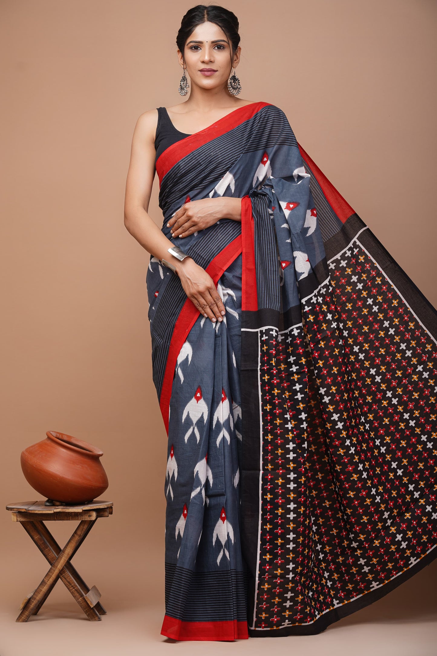 Printed Mulmul Cotton Saree With Pom Pom Lace