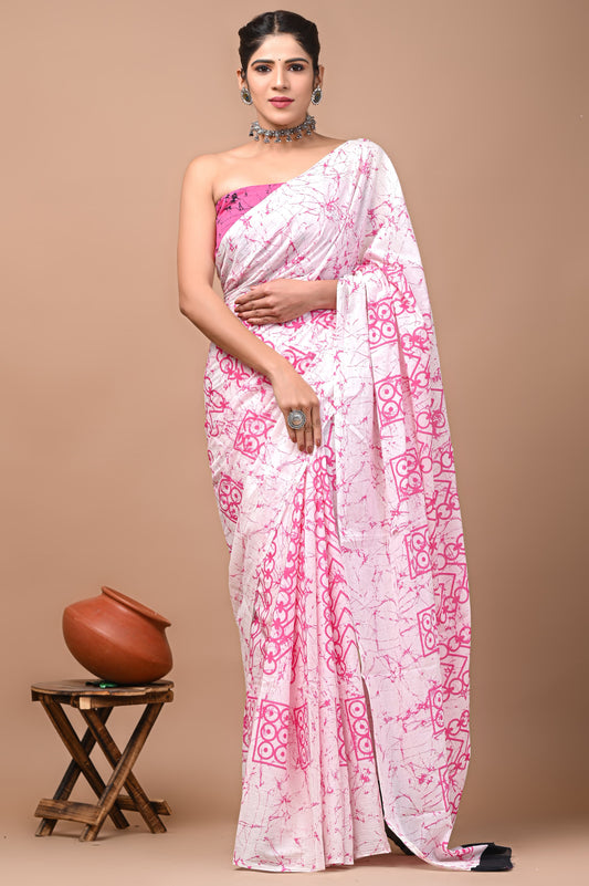 Printed Mulmul Cotton Saree With Pom Pom Lace