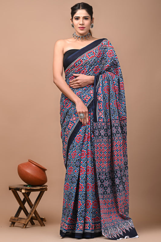 Printed Mulmul Cotton Saree With Pom Pom Lace