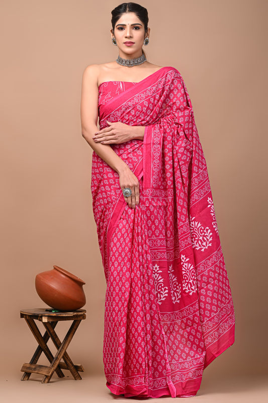 Printed Mulmul Cotton Saree With Pom Pom Lace