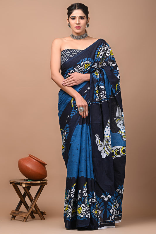 Printed Mulmul Cotton Saree With Pom Pom Lace