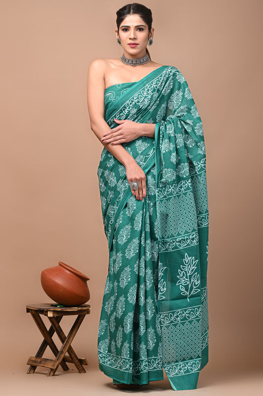 Printed Mulmul Cotton Saree With Pom Pom Lace