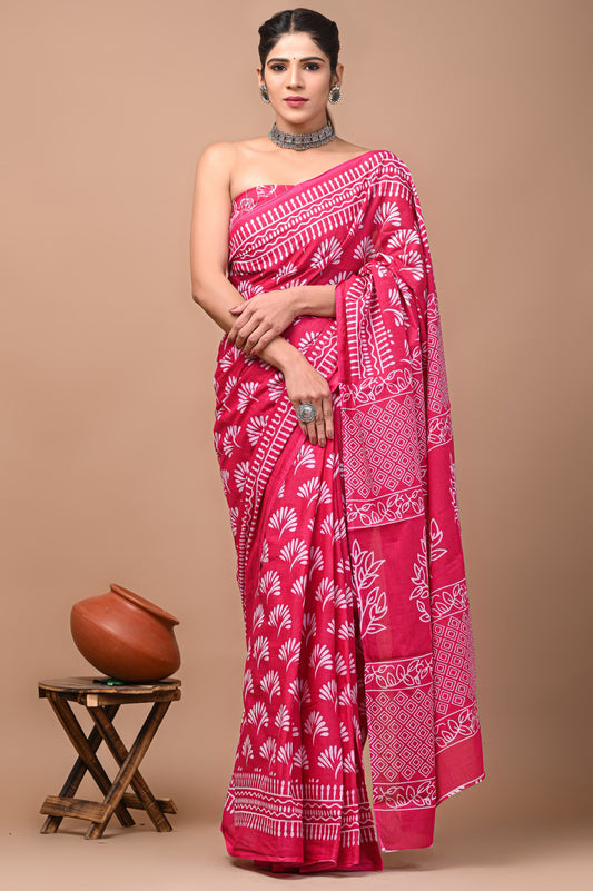 Printed Mulmul Cotton Saree With Pom Pom Lace